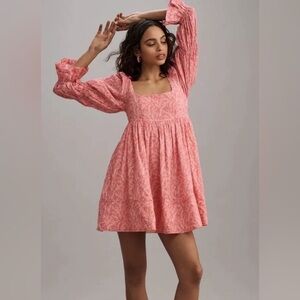 Anthropologie pink babydoll Blush Leaf Print Small Pilcro Dress